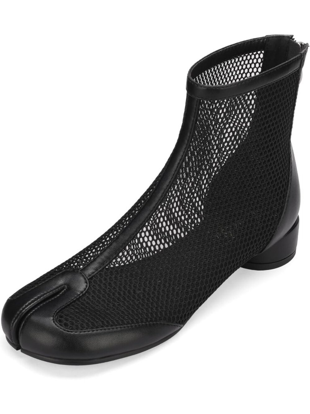 Women Black Leather Tabi Japanese Ninja Split Toe Low Chunky Heel Boot Shoes